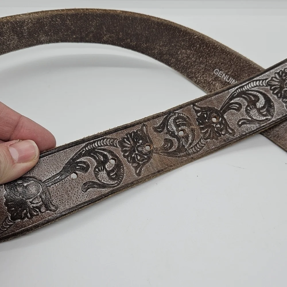 brown embossed leather belt with silvery metallic overtone large